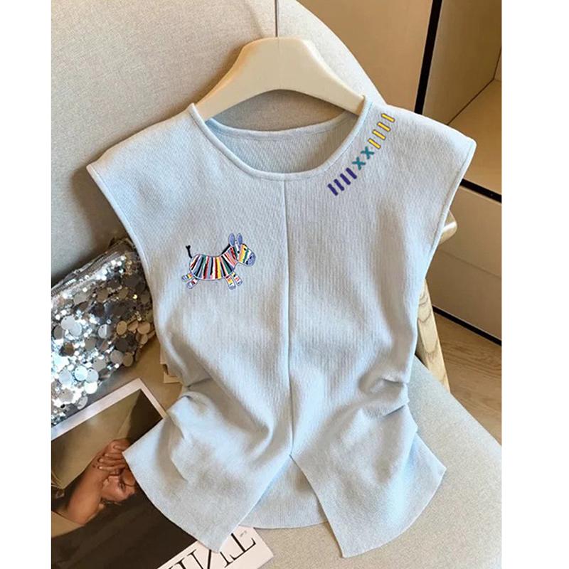 Cartoon Embroidery O Neck Knit Vest Tops Women Summer Slim Fit Sleeveless Pullover Top Female 2025