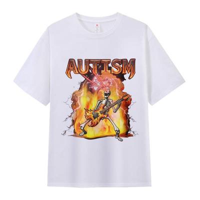 Autismus Skelett Feuer Lustig Neurodivergent Grafik T-Shirt Herren Damen Retro Übergroß Kurzarm T-Shirts