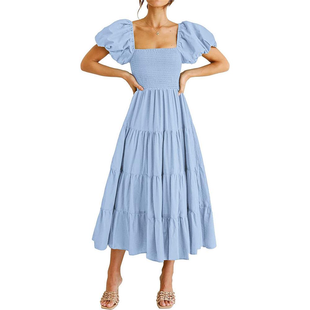 Women's Casual Summer Midi Dress Puffy Short Sleeve Square Neck Smocked  Tiered Boho Dresses Buy cheaply on Joom