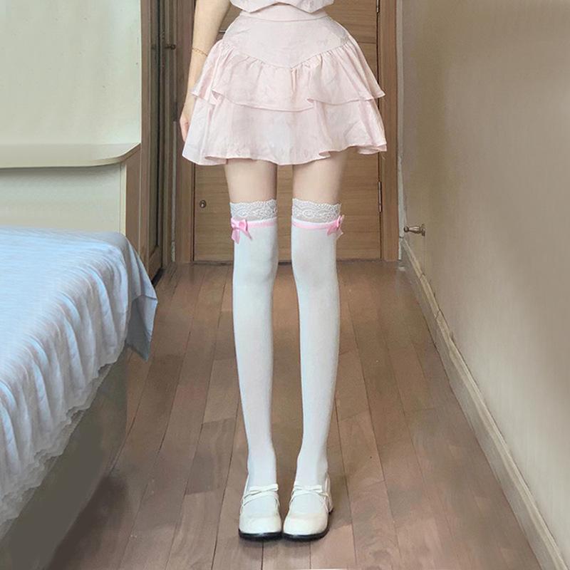 Lolita Lace Frill Mid-Calf Socks with Bow Ribbon - White Ballet Style JK Knee-Highs for Spring & Autumn