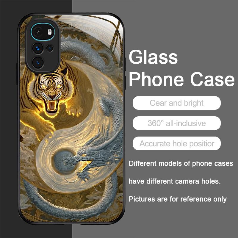 Shiny Golden Dragon and Tiger Pattern Tempered Glass Phone Case for Motorola Moto G85 G84 G75 Edge 50 Fusion 40 Neo 30 Pro Cover