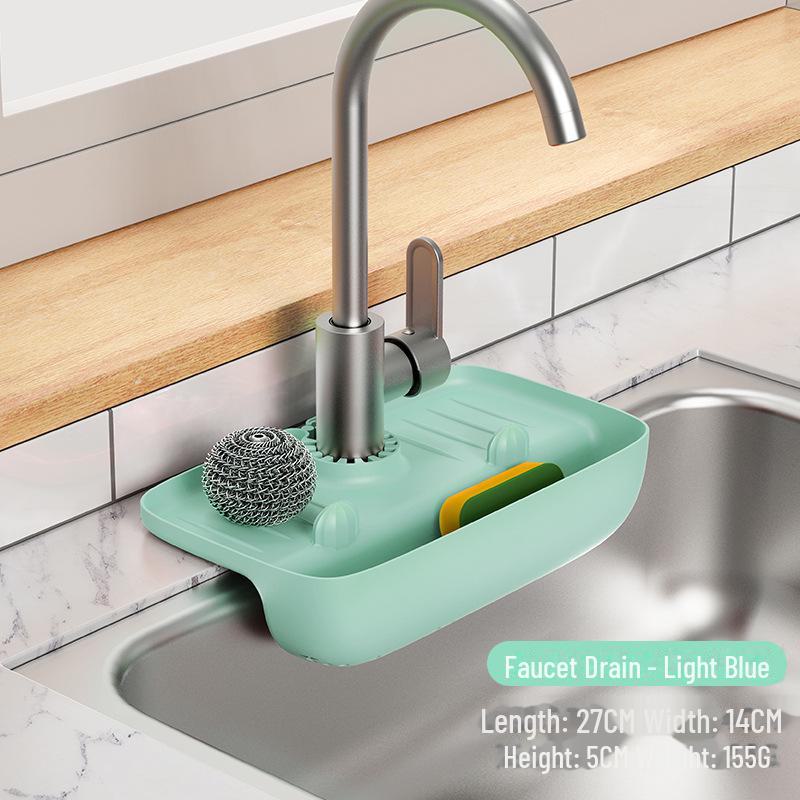 

Сливная полка для крана для раковины с защитой от брызг: Нескользящая подложка для столешницы и место для хранения губки. 27*14 светло-синий