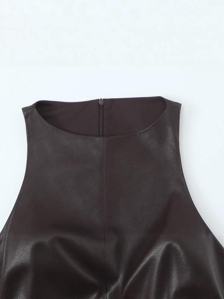 2025 Herbst/Winter Europäisches Damen-Leder-Ärmelloses Kleid mit Taillenraffung