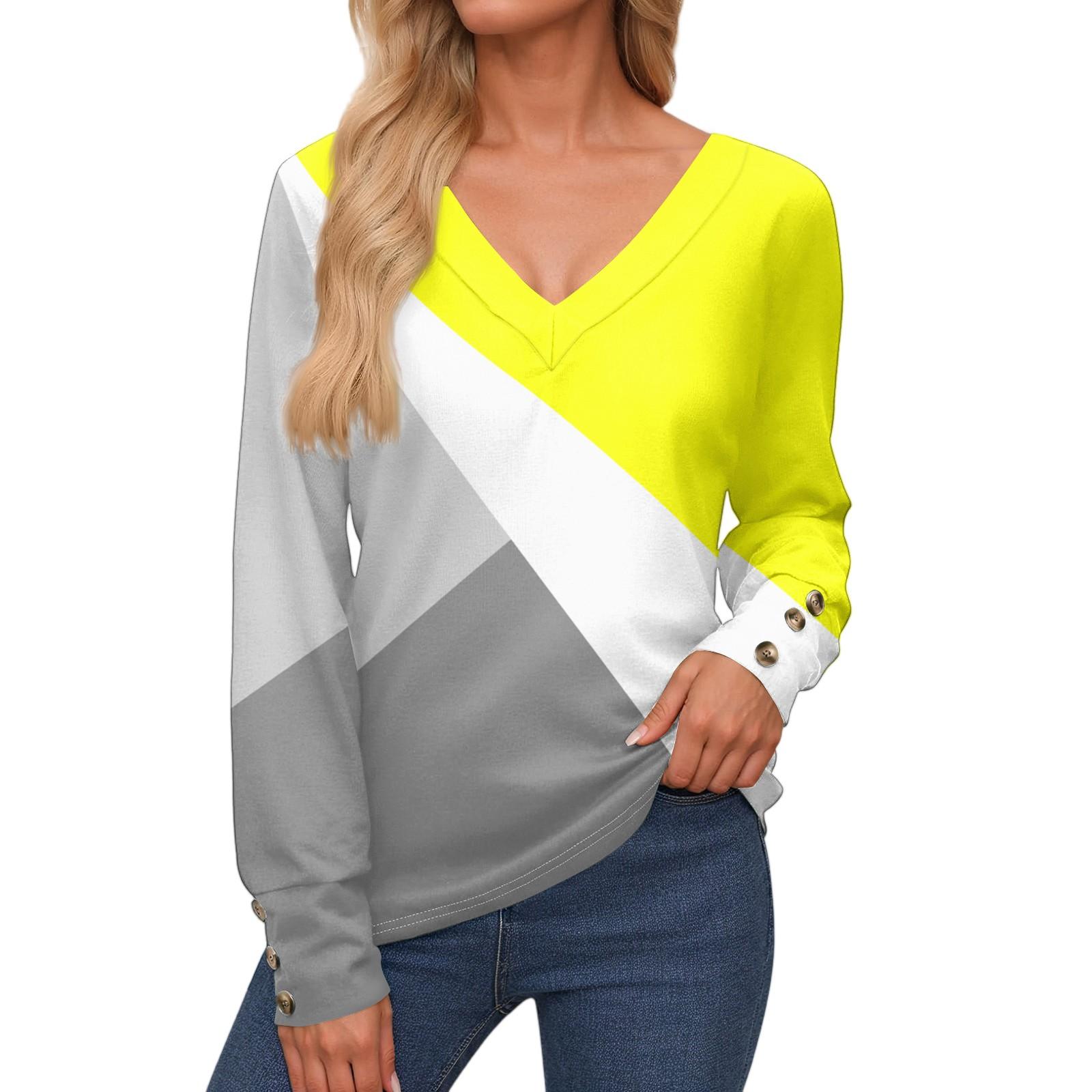 

Women s Tops Long Sleeves Cuffs Button Shirt V Neck Casual Loose Tee Plaid, Patchwork Color Tops XL