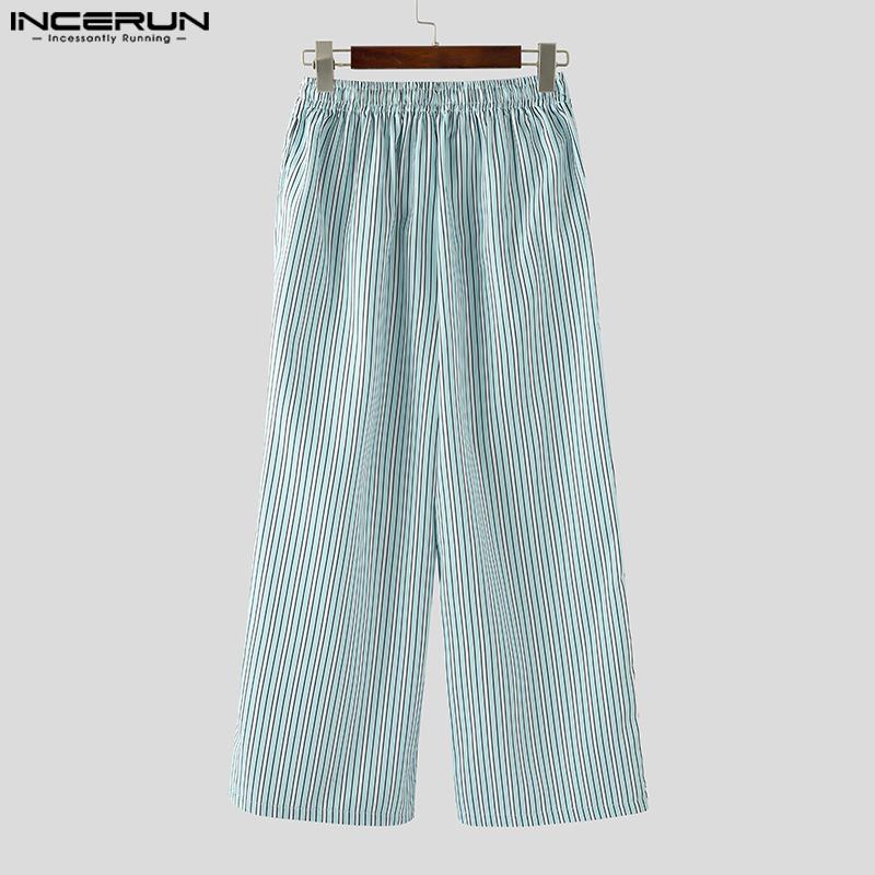 INCERUN Men Elastic Waist Pants Casual Home Wear Striped Print Long Trousers
