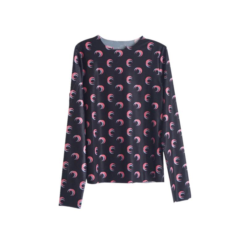 Summer New Moon Black Underlay Women's Long Sleeve Korean Fit Top Fashion Overlay Printed Long Sleeve T-shirt