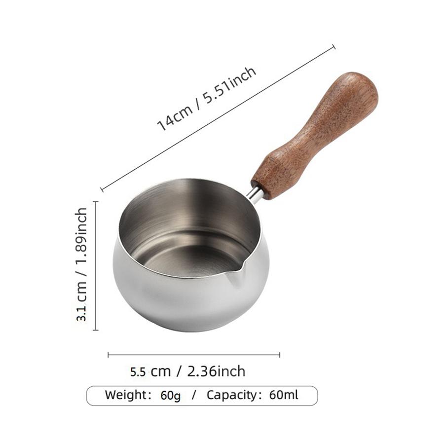 Sauce Pan 304 Stainless Steel Sauce Pan Butter Warmer Milk Pan with Pour Spout Cooking Sauce Cup with Wooden Handle 60ml/100ml
