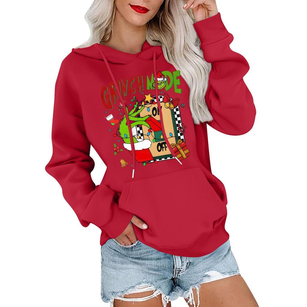 Women's Casual Comfortable Neck Hooded Long Sleeve Christmas Print Warm Sweatshirt