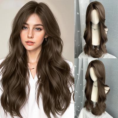 26 Inch Brown Front Lace Wigs Curly Wigs Fiber Synthetic Heat-resistant Natural Smooth Realistic Wigs Party For Women Korean Fashion