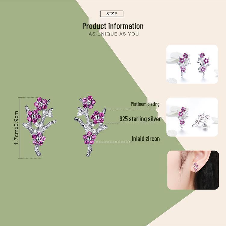 Aifuluo Pink Plum Blossom Zircon Stud Earrings - Pure Silver, White Gold Plated, S925.