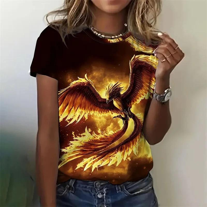Phoenix Pattern T Shirt for Women Retro Gorgeous 3D Printed Short Sleeves Summer Leisure Tee Round Neck Tops T-Shirts Streetwear