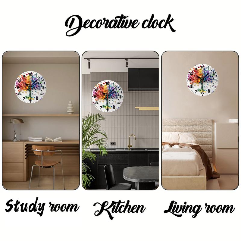 Butterfly Tree Wooden Round Silent Hanging Wall Clock, Suitable For Living Room, Office, Study Room, Bedroom, Home Decoration