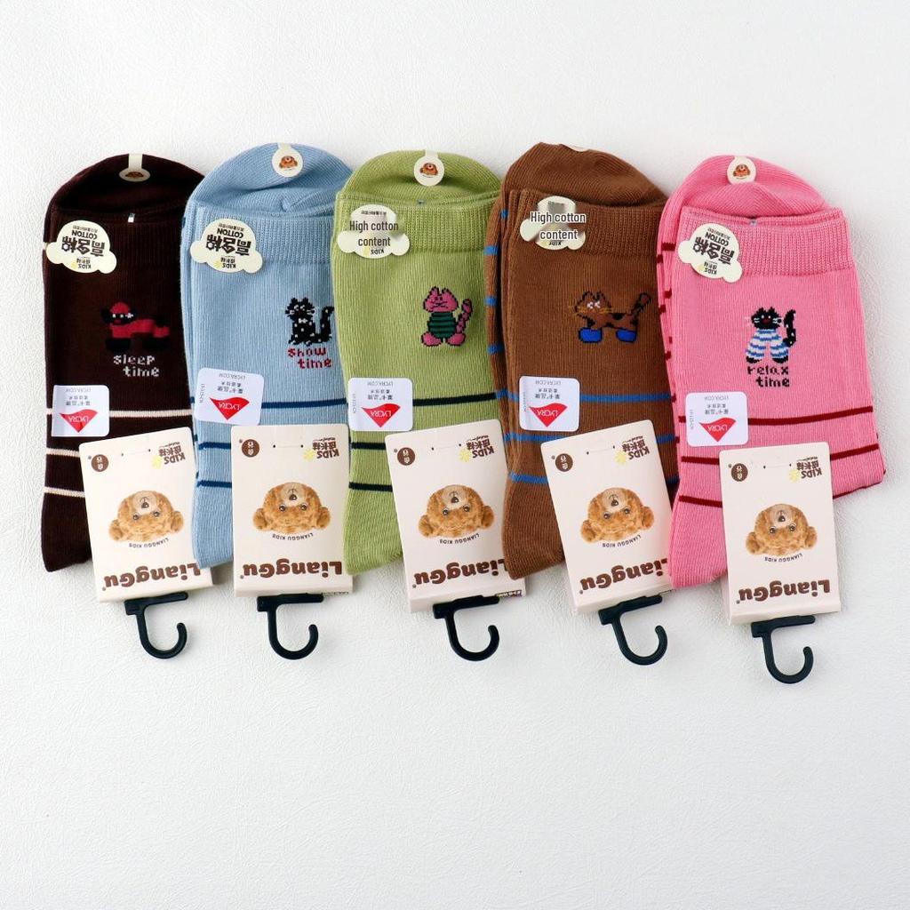 Lianggu Children's Cotton Socks - Autumn/Winter Collection, High 95% Cotton Content, 5 Pairs for Kids and Students.