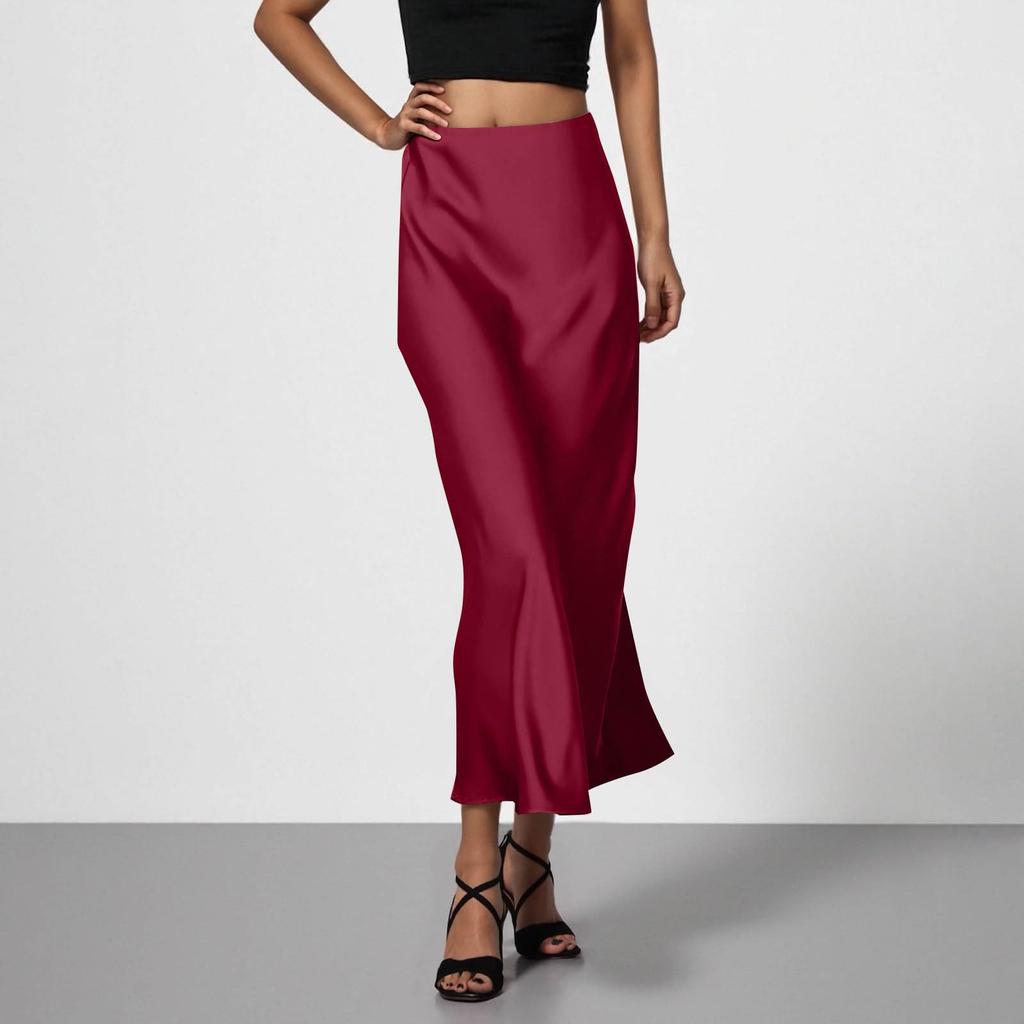 Stylish And Elegant Silky Satin Midi Skirt, Versatile, Slimming And Flowing Bodycon Maxi Skirt For Women.