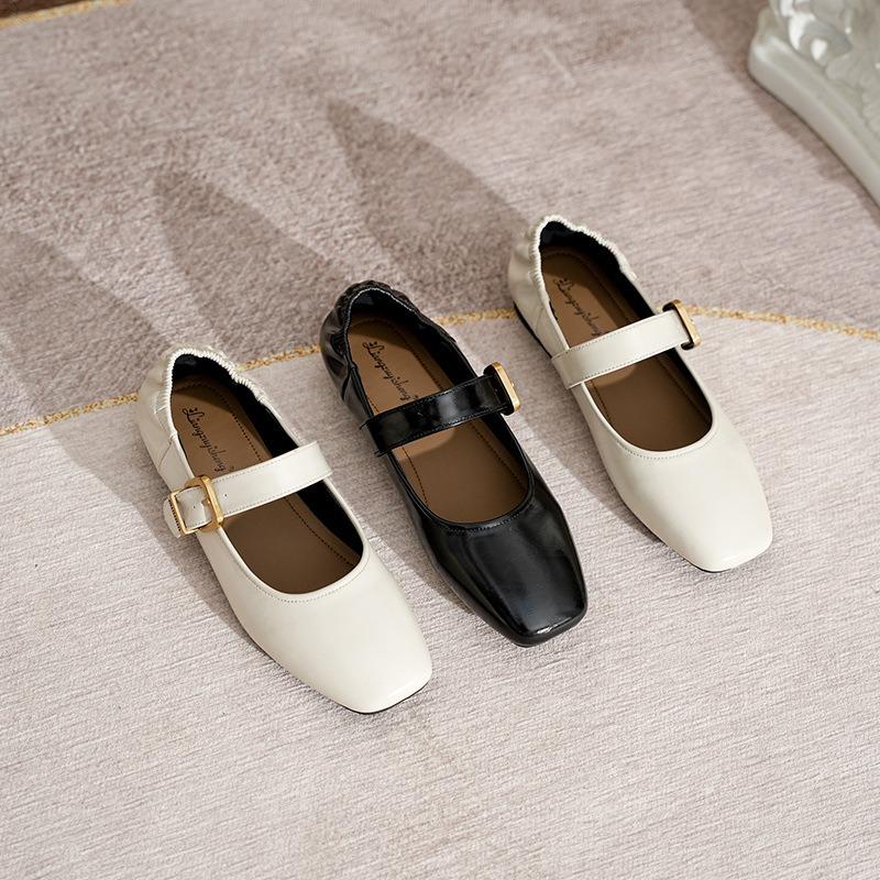 Spring New Flat-soled Single Shoes Women's Head Versatile Retro One-word Buckle Belt Temperament Commuter Mary Jane Shoes