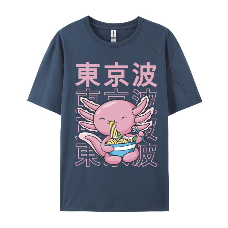 Kawaii Axolotl Eating Ramen Noodles Teens Custom Print T Shirt for Men Family Autumn All Cotton Top T-shirts Hip hop T Shirt