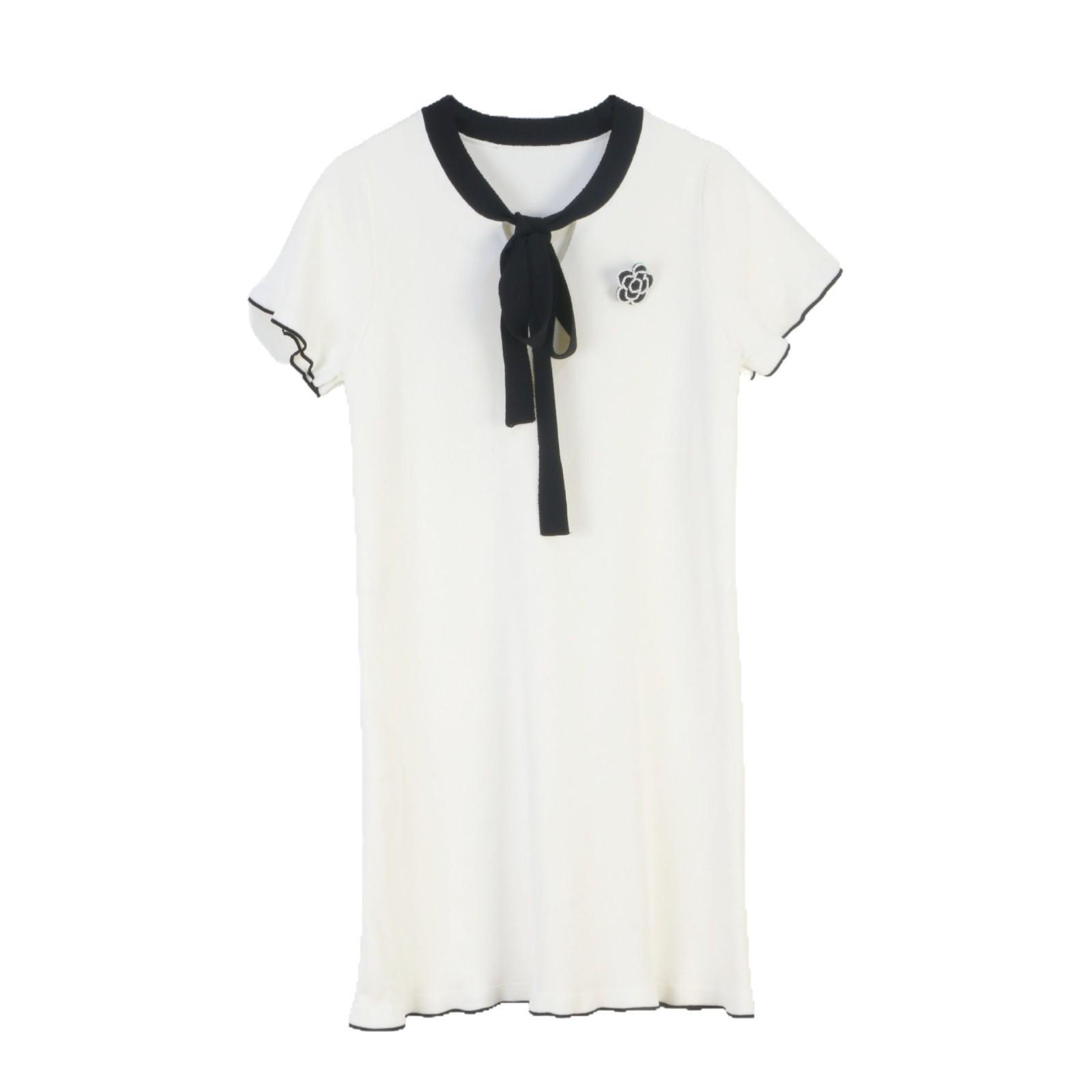 

Платье женское Camellia с коротким рукавом и бантом в стиле колор-блок – Весенне-летнее вязаное свободного кроя в стиле «маленький аромат» L