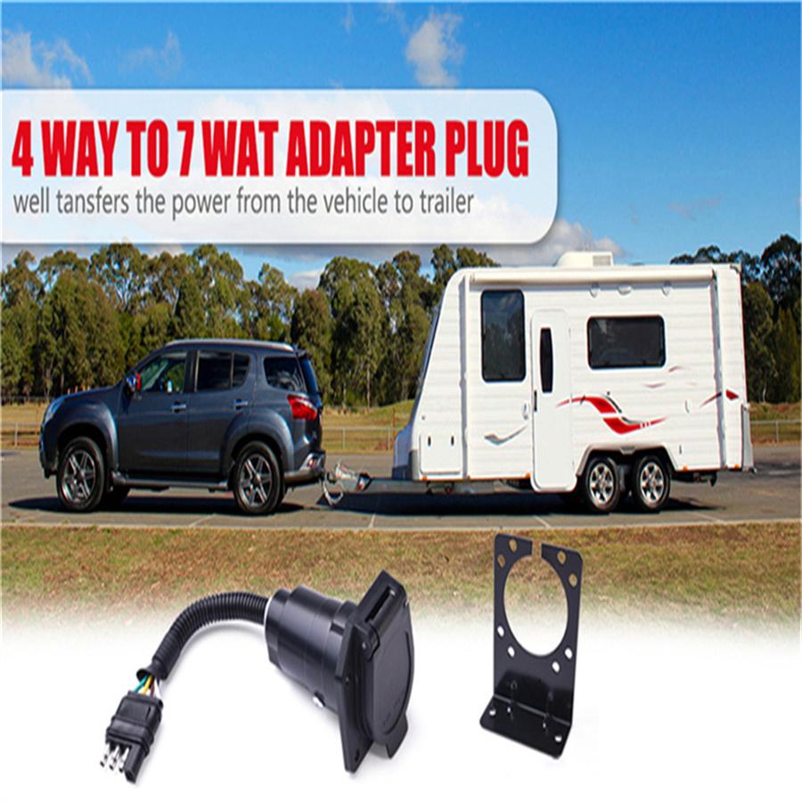 4-Way Flat To 7 Pin Trailer Plug Adapter Power Connector + Bracket for RV Camper