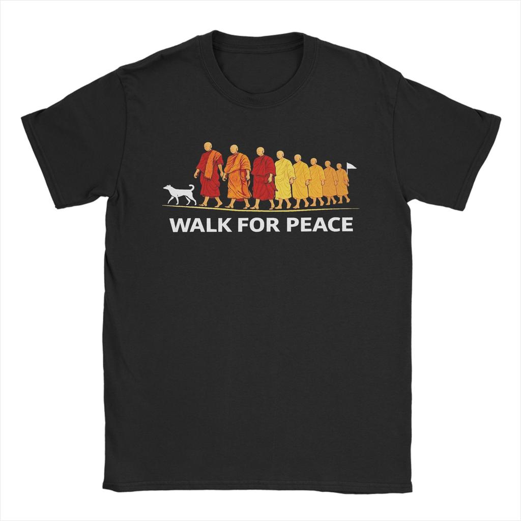 Unisex T-Shirt Retro Walk for Peace Mönche mit Aloka Hund Minimalistisch Zen Lässig Baumwolle T-Shirt Rundhals Kleidung Geschenk