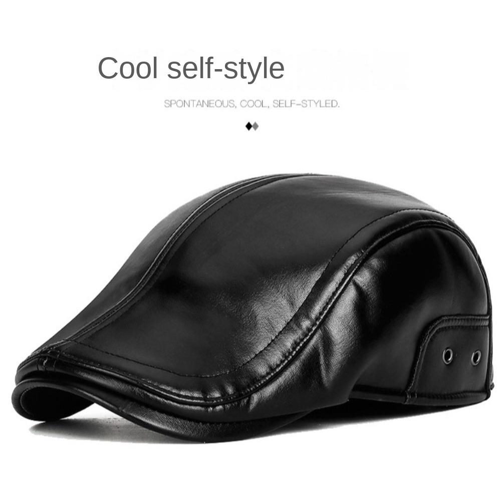 PU Leather Middle-aged Elderly Duck Tongue Hat Short Brim Flat Visor Cap Newsboy Flat Cap  Autumn
