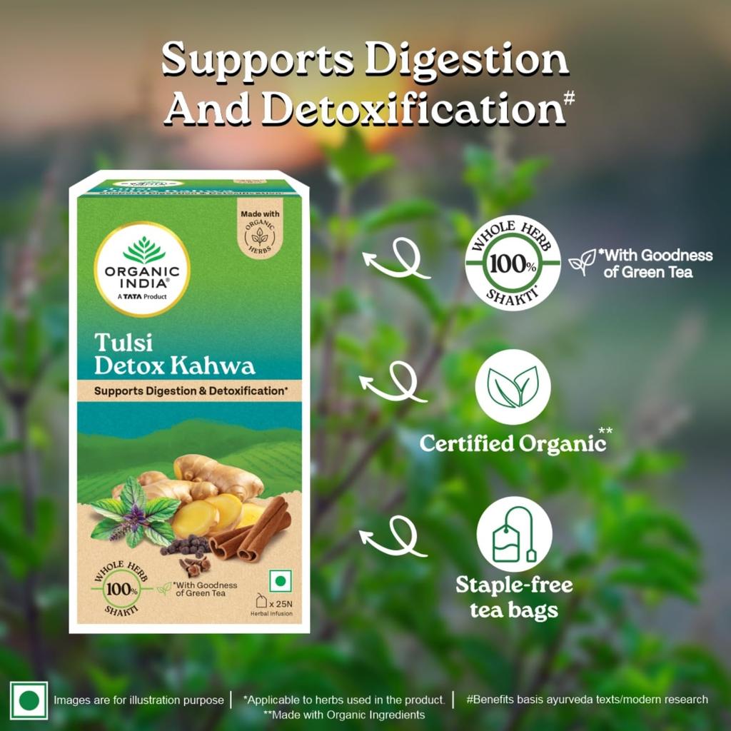 ORGANIC INDIA Tulsi Detox Kahwa Tea Bags 25  | Cleanse, Improve Digestion & Refreshing Herbal Tea