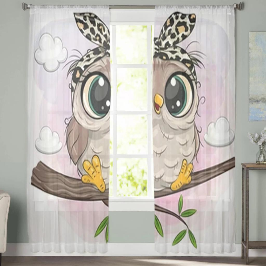Cartoon Cute Owl Chiffon Sheer Curtains For Living Room Bedroom Decoration Window Tulle Curtains Drapes
