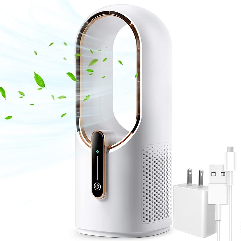 Desk Fan Bladeless, 11.8 Inch Office Fan Small, Quiet, 3 Speed Adjustment, Touch Control, Easy to Clean, Desk Fans Small Quiet, Ideal for Office, White/Gold
