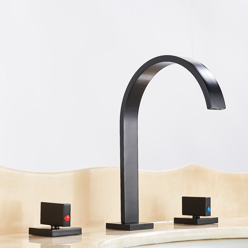 Basin Type Faucet Brass Polished Black deck installation Square Bathroom Sink Faucet Three Hole Dual Handle Cold and Hot Faucet