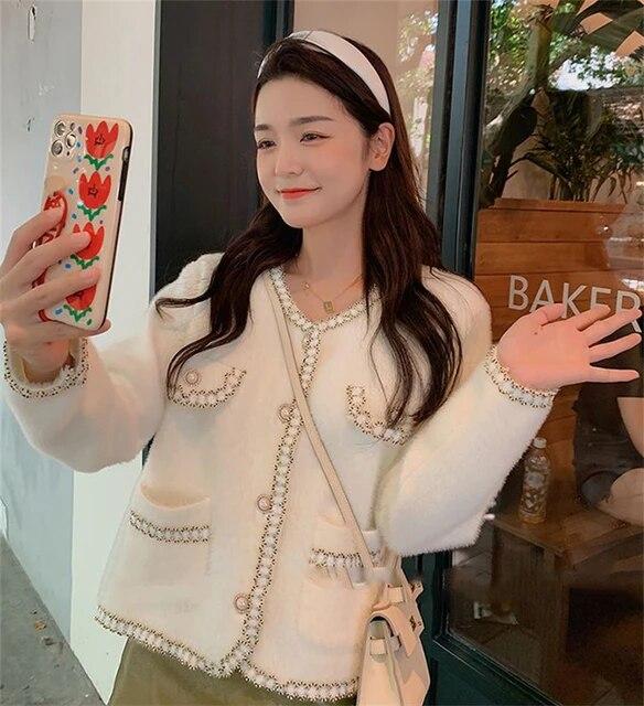 Podzimní imitace norkového fleece pletené kabáty Korejská móda s výstřihem do O Jednořadý cardigan ležérní krátký kabát