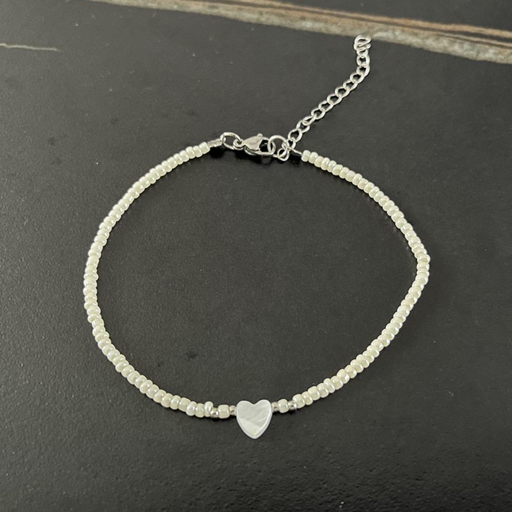 Simple Temperament White Natural Shell Heart Shape Rice Beads Beaded Bracelets Anklets for Women Charm Jewelry Accessories Gifts