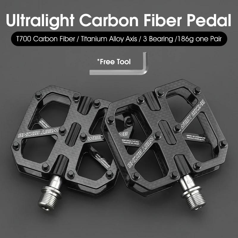WEST BIKING Carbon Fiber Bicycle Pedals T700 Ultralight Titanium Axle 3 Bearings 2-sided Non-skid Stud MTB Road Bike Accessories