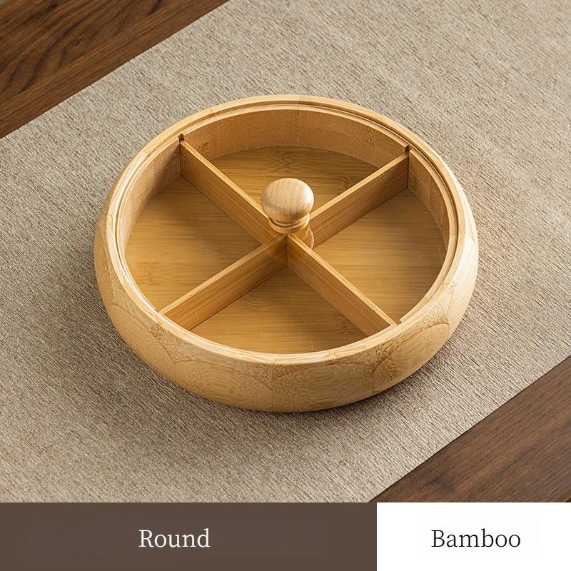 Chinese Style Bamboo Tea Tray with Lid, Luxury Round Fruit Platter with Compartments for Afternoon Tea Snacks, Home Serving Tray
