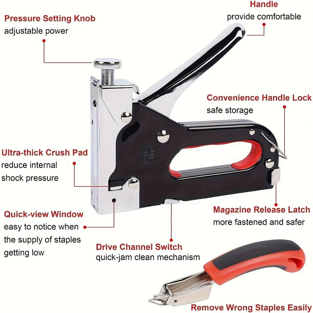 1pc Upholstery 4 in 1 Staple Gun Heavy Duty, with 1200 Staples, Remover, Gloves, Manual Power Adjustment Stapler Gun for Wood