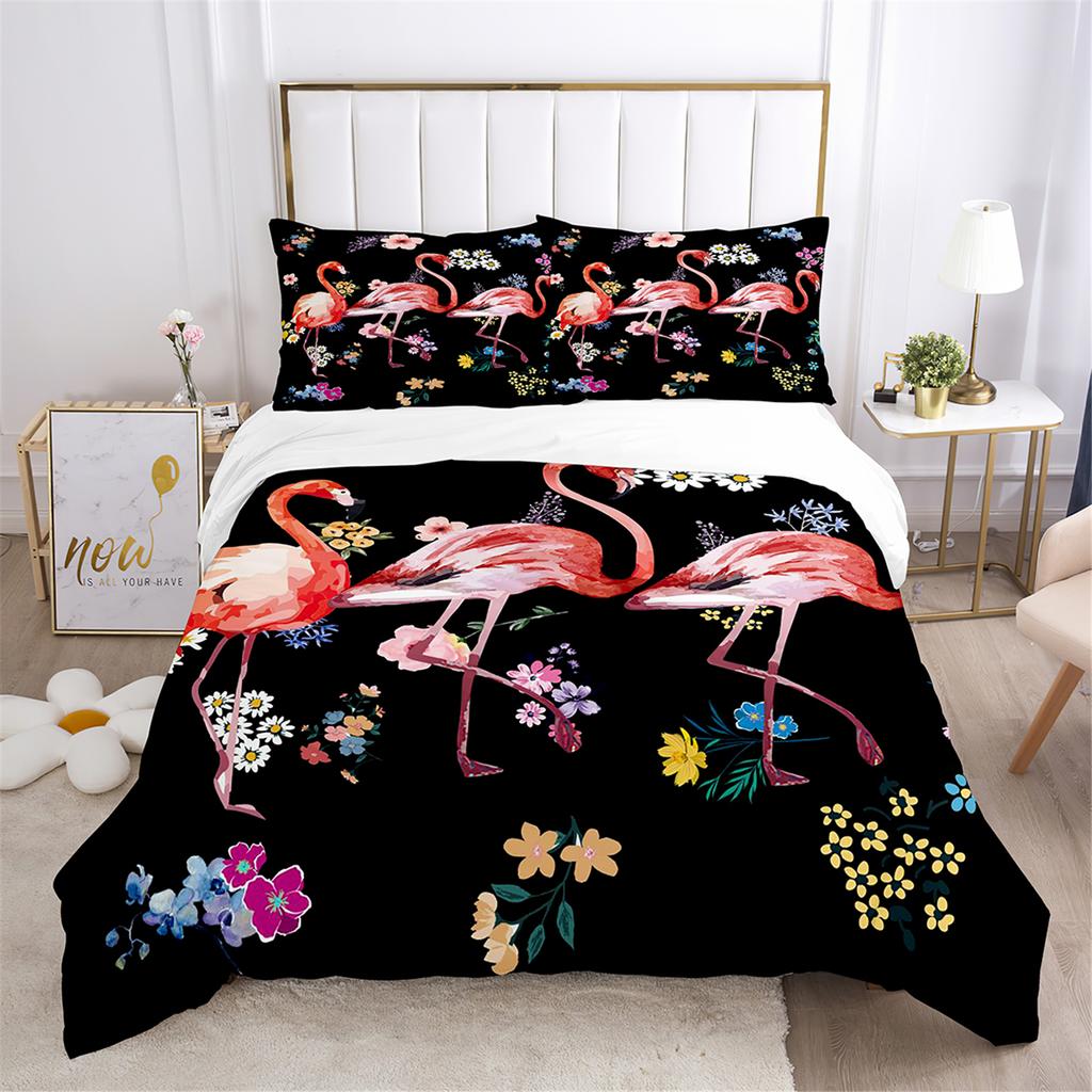 Flower Flamingo Bedding Set For Girl,Flamingos Full Bed Set,2 People Comforter Cover,Pink And Black Pdouble Bed Cover,Microfiber