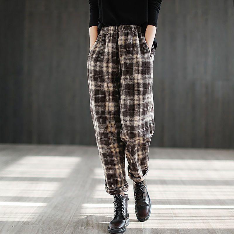 Velvet and Thickened Plaid Pants Autumn and Winter New High Waist Slimming Loose Casual Pants Versatile Harlan Pants
