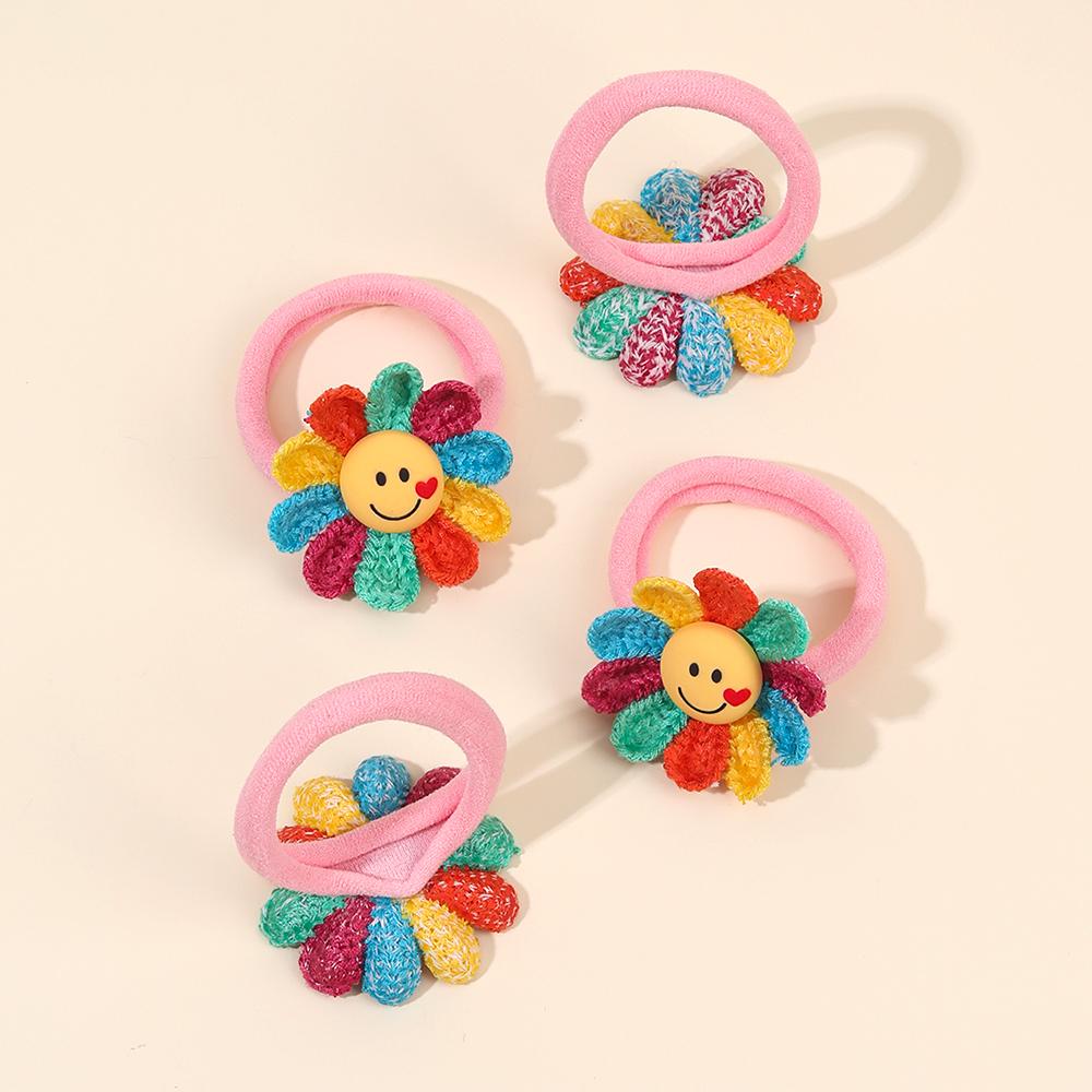 4Pcs Knitted Sunflower Hair Ties Cute Smiley Elastic Scrunchies Stretchy Ponytail Holders For Girls Kids Headdress Accessories