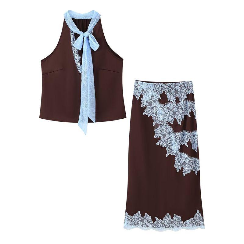 Za Export New Arrival Women's Clothing ZR Fashion Style French Fashion All-Match Lace Stitching Coat Lace Mid-Length Dress Set