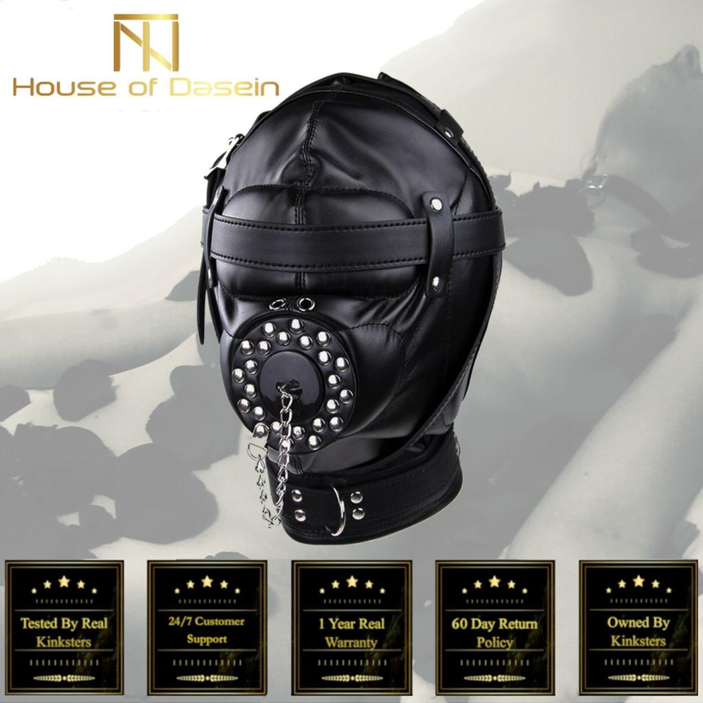 Black Full  Hood Mask Plug Headwear Kink  Fetish Restraints Hoods