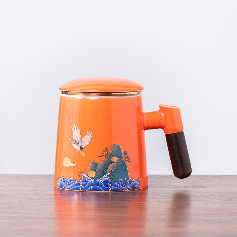 Ceramic tea cup with lid tea separation cup filter water cup creative wooden handle cup office cup gift cup Guochao