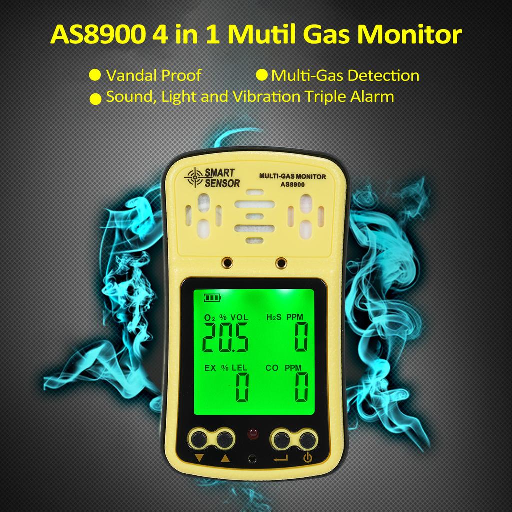 SMART SENSOR AS8900 4 in 1 Combustible Gas Detector Analyzer Handheld Multi Gas Monitor Gas Detector O₂ CO H₂S Analyzer
