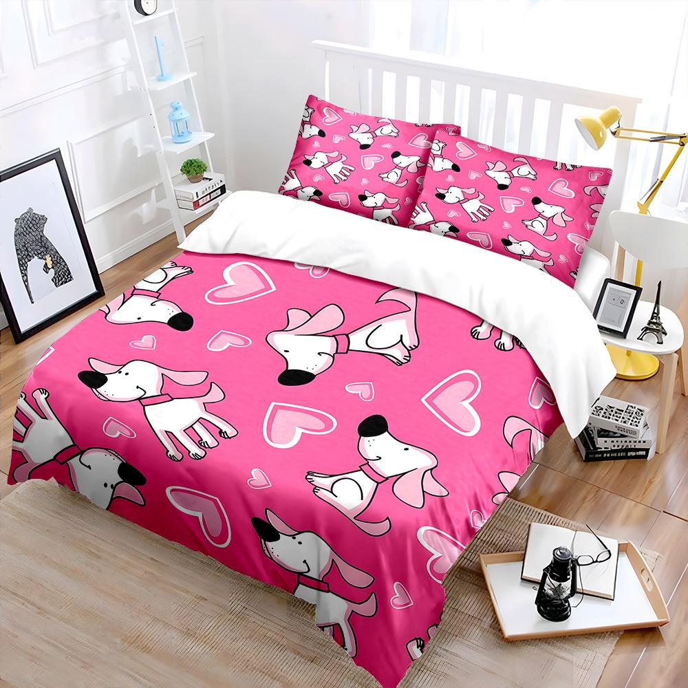 Pink Cartoon Dogs and Hearts Background Print Bedding Set 1 Duvet Cover 2 Pillowcases for Adult Children Luxury Gift Full Size