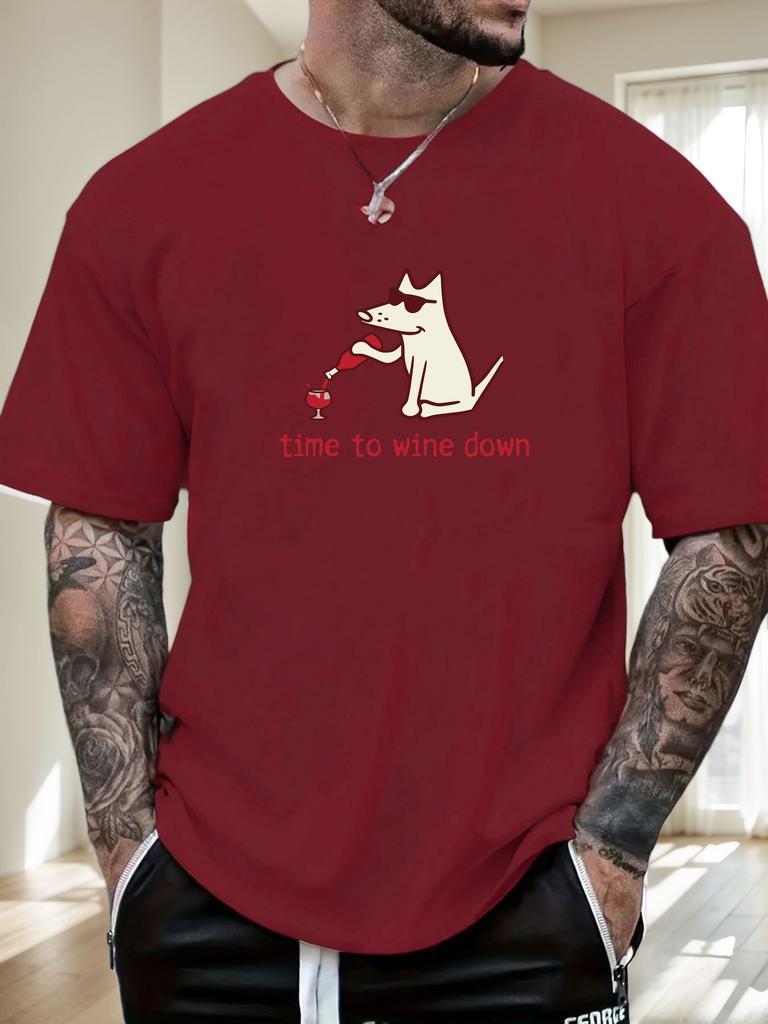 2025 New Hot Mens Summer Short Sleeve TShirt with Funny Dog Pouring Wine Time to Wine Down Print Casual Soft Cotton Tee