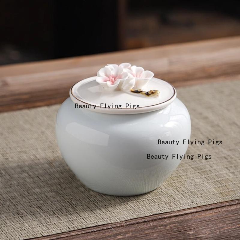 1pc Ceramic Handmade Flower Tea Jar, Kitchen Seasoning Jar, Household Green Tea/black Tea Storage Jar, Flower Cover Design