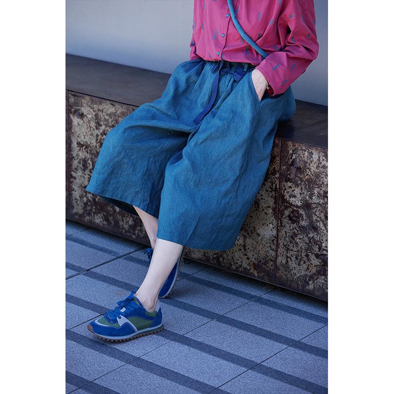 Women s Summer Retro Blue Linen Cropped Pants - Lightweight & Comfortable M