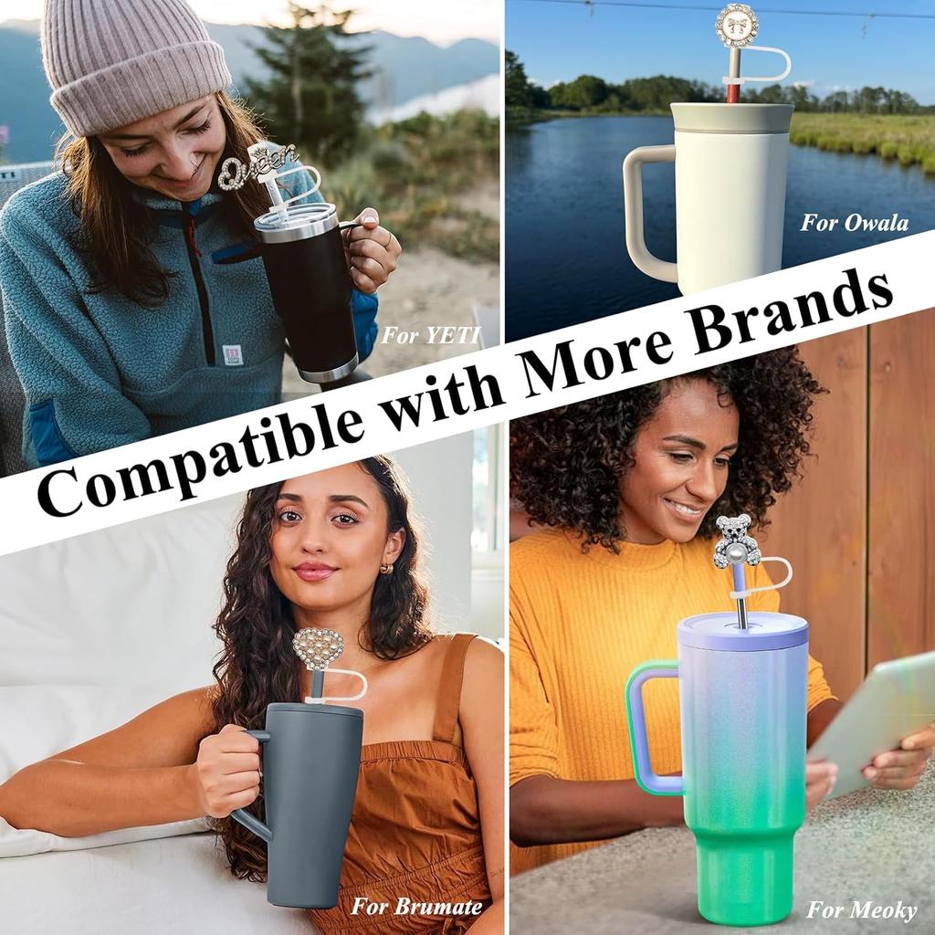 Bling Diamond Straw Cover for Stanley Cup Accessories - Silicone Straw Toppers with Silver Rhinestone fit 9-12mm Straws