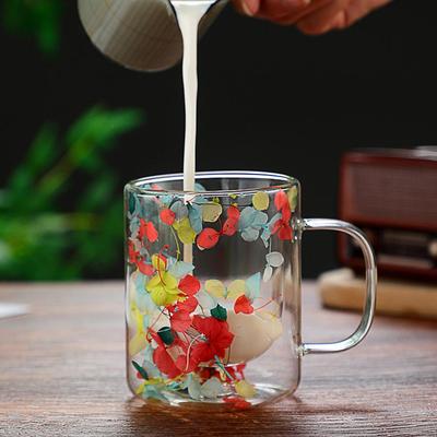 Mug à café en verre à double paroi avec anse Gobelet design pétale coloré Tasse isolante créative pour boissons chaudes froides Cappuccino