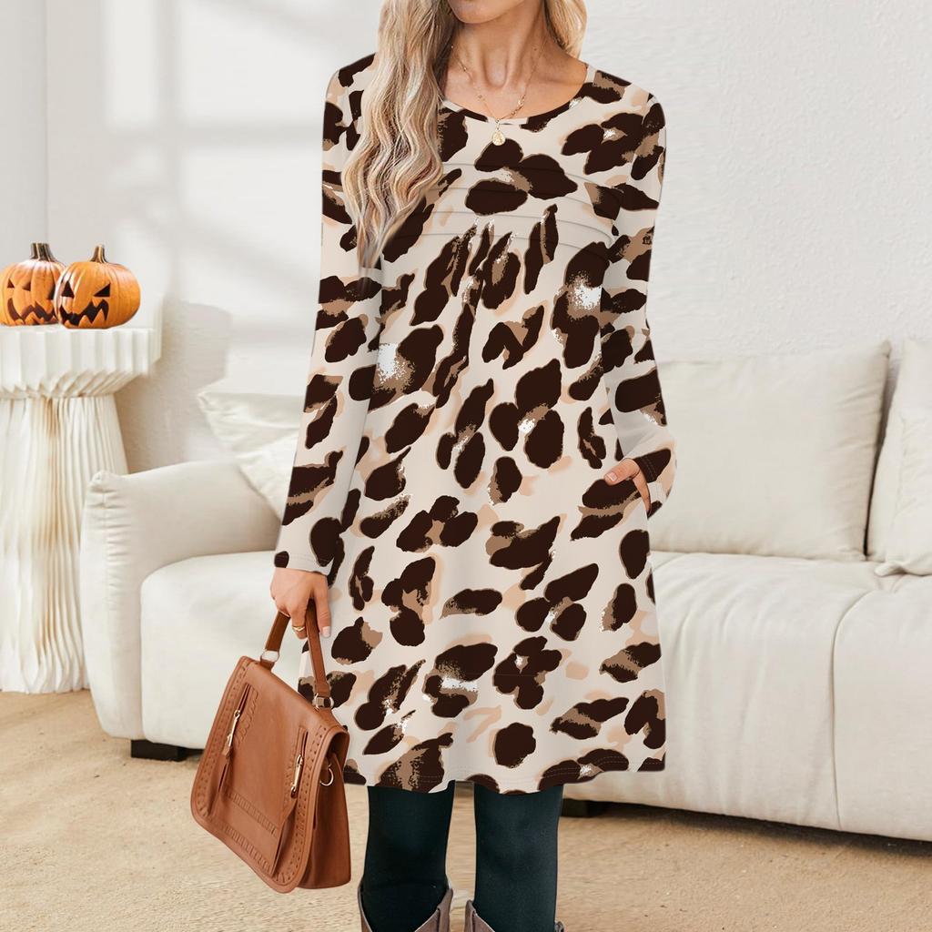 Damen Lässige Mode Langarm Grafikdruck Vintage Kleider mit Taschen