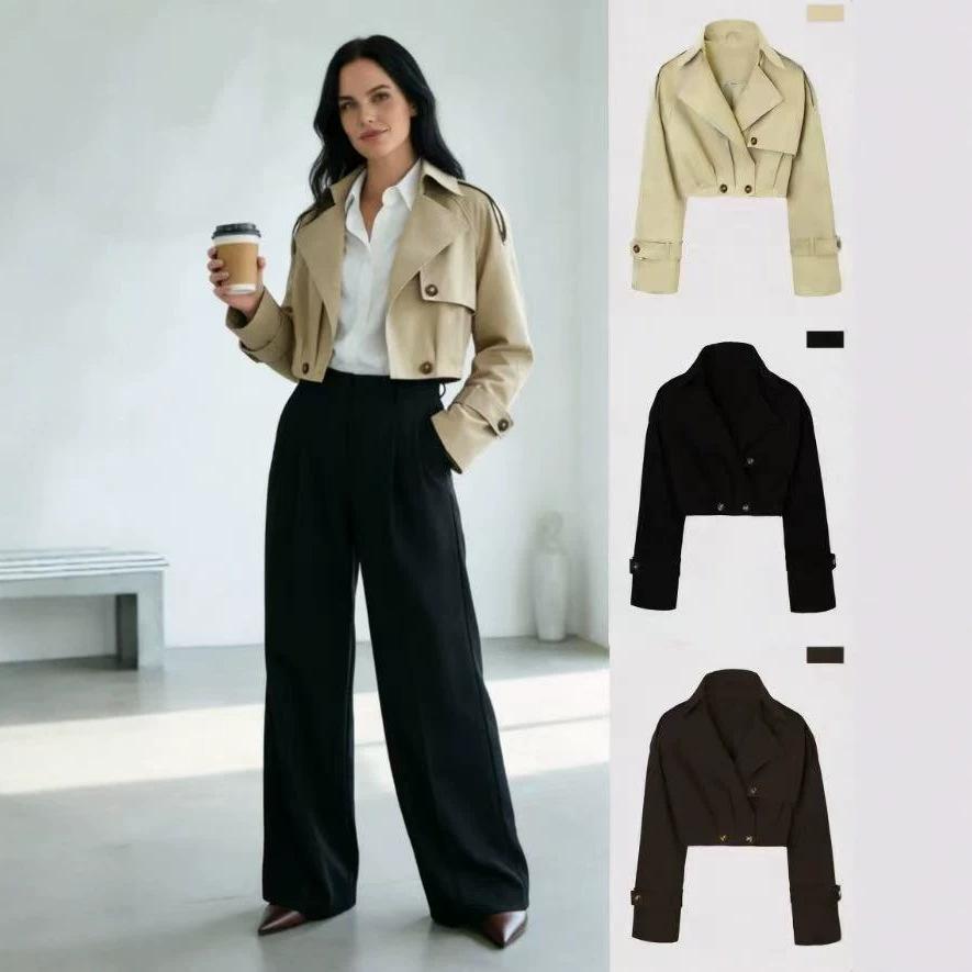 Damenbekleidung 2026 Frühling und Herbst Europäischer und Amerikanischer Stil Doppelkinn Langarm Zweireihig Kurzer Trenchcoat Damen Kurzer Trench