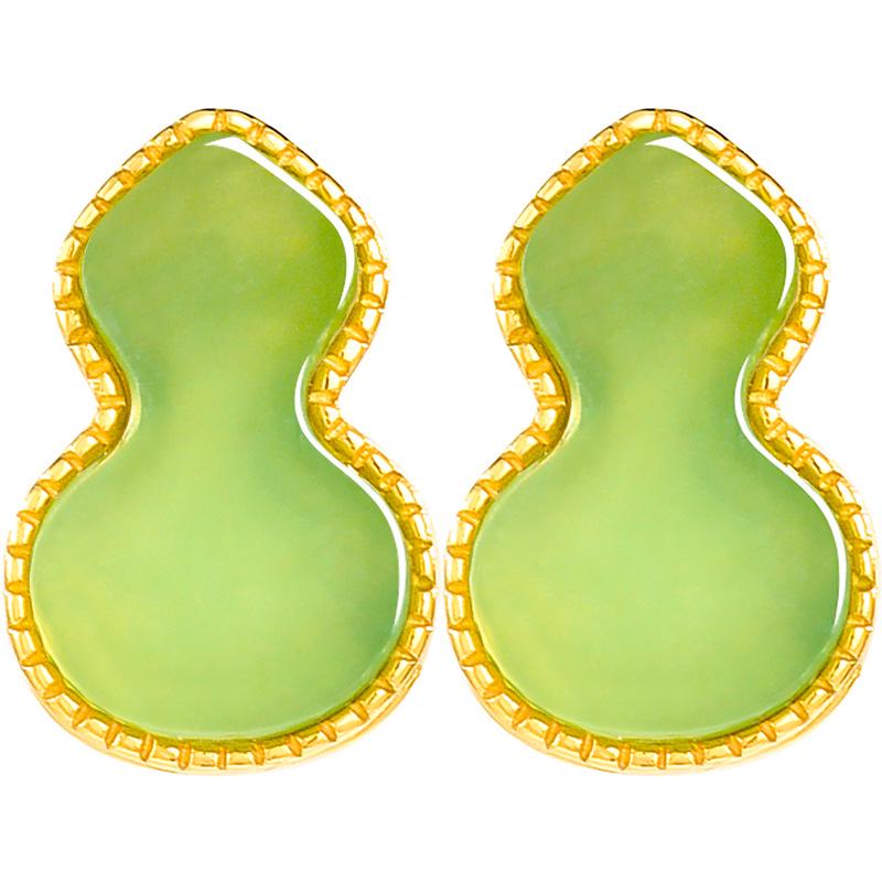 Natural Spinach Green Hetian Jade Gourd Earrings with Genuine S925 Silver for Women