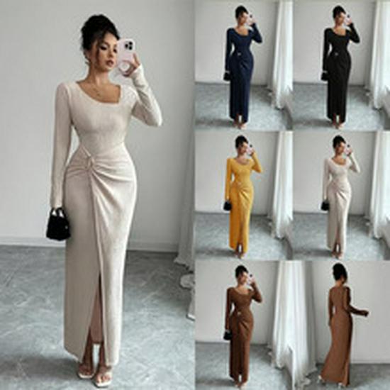 2026 Elegant Waist-Cinching Long Sleeve Solid Color Dress - Autumn/Winter Fashion